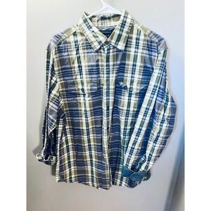 Banana Republic Mens Plaid Button Down Large Blue Green 100% Cotton Long Sleeve
